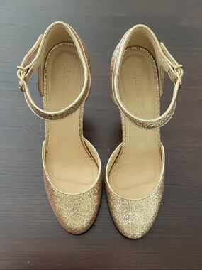 J.Crew Metallic Gold Glitter Ankle-Strap Heels Size 6.5 Made in Italy